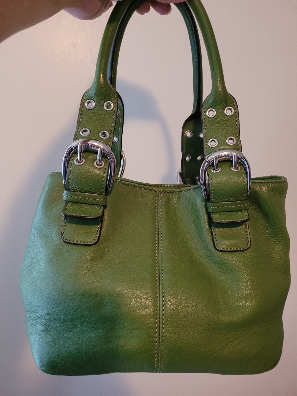 Tignanello Olive/Grass Green Leather Satchel Handbag Silver Buckle Since 1989